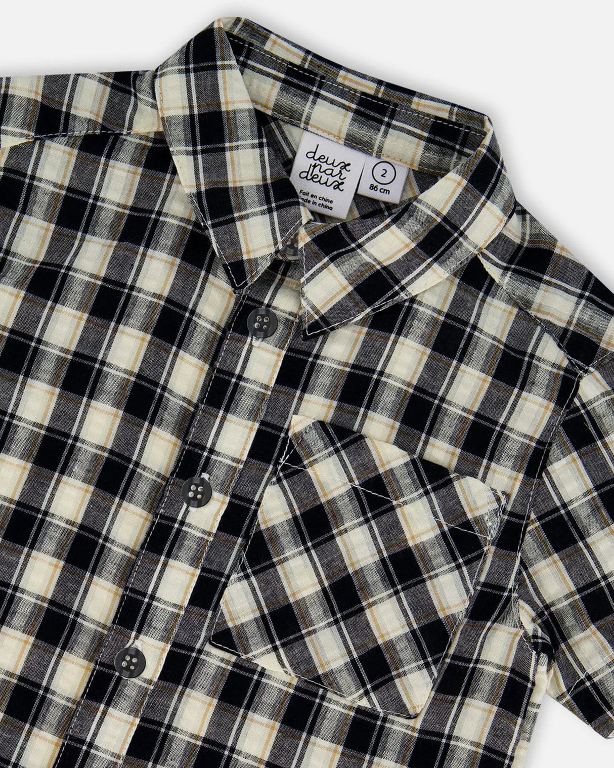 Short Sleeve Button Down Shirt Black And Beige Plaid | Deux par Deux | Jenni Kidz