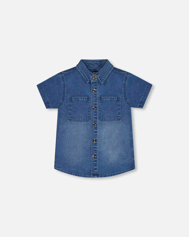 Short Sleeve Button Down Shirt Dark Denim Blue | Deux par Deux | Jenni Kidz