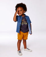 Short Sleeve Button Down Shirt Dark Denim Blue | Deux par Deux | Jenni Kidz