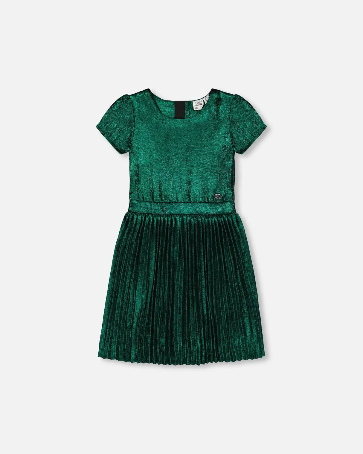 Short Sleeve Dress With Pleated Skirt Metallic Green | Deux par Deux | Jenni Kidz