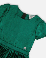 Short Sleeve Dress With Pleated Skirt Metallic Green | Deux par Deux | Jenni Kidz