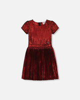 Short Sleeve Dress With Pleated Skirt Metallic Red | Deux par Deux | Jenni Kidz