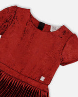 Short Sleeve Dress With Pleated Skirt Metallic Red | Deux par Deux | Jenni Kidz