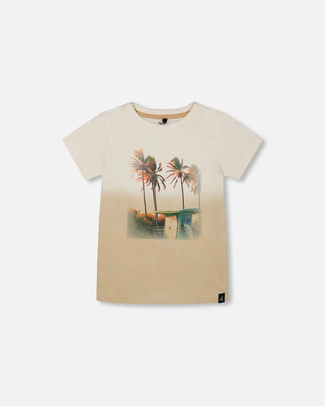 Short Sleeve Organic Cotton Graphic Tee Gradient White And Beige | Deux par Deux | Jenni Kidz