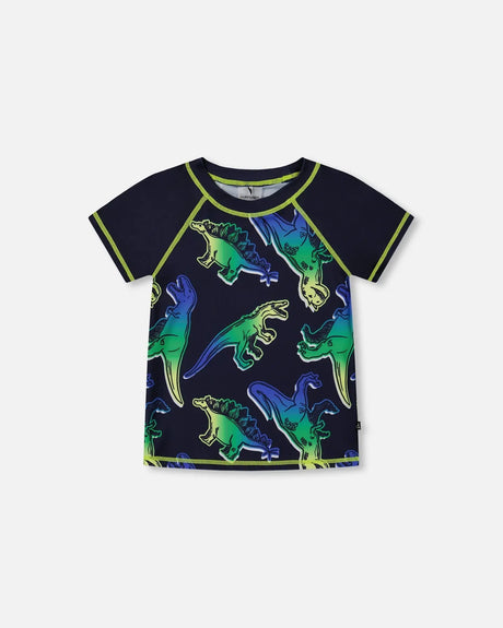 Short Sleeve Rashguard Blue And Green Dino On Navy | Deux par Deux | Jenni Kidz