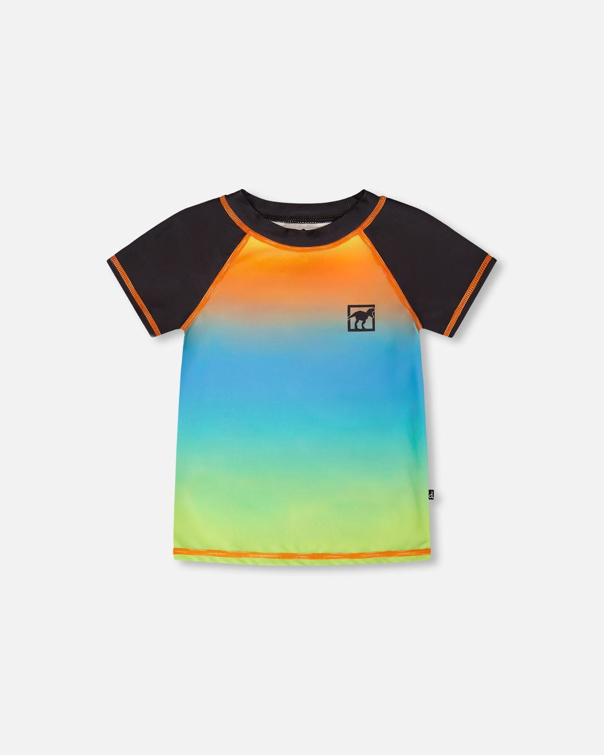 Front flat lay of Deux par Deux baby and boy short sleeve rashguard in orange blue green gradient