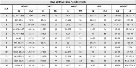 Size chart of colorful rainbow leopard fabric on Deux par Deux snowsuit