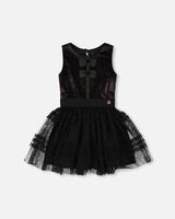 Sleeveless Bi-Material Velour And Mesh Dress Black | Deux par Deux | Jenni Kidz
