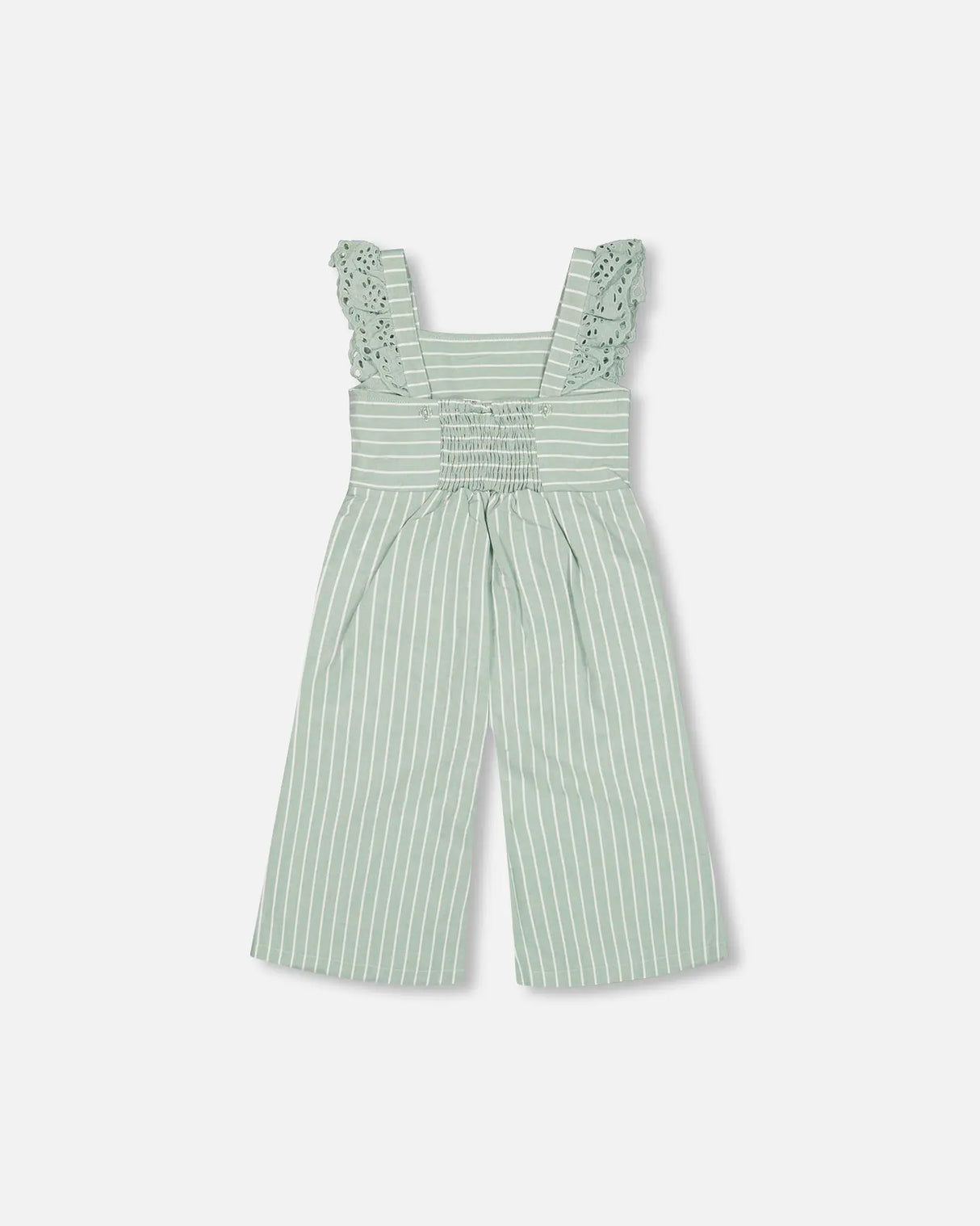 Sleeveless Stripe Jumpsuit With Frills Apple Green | Deux par Deux | Jenni Kidz