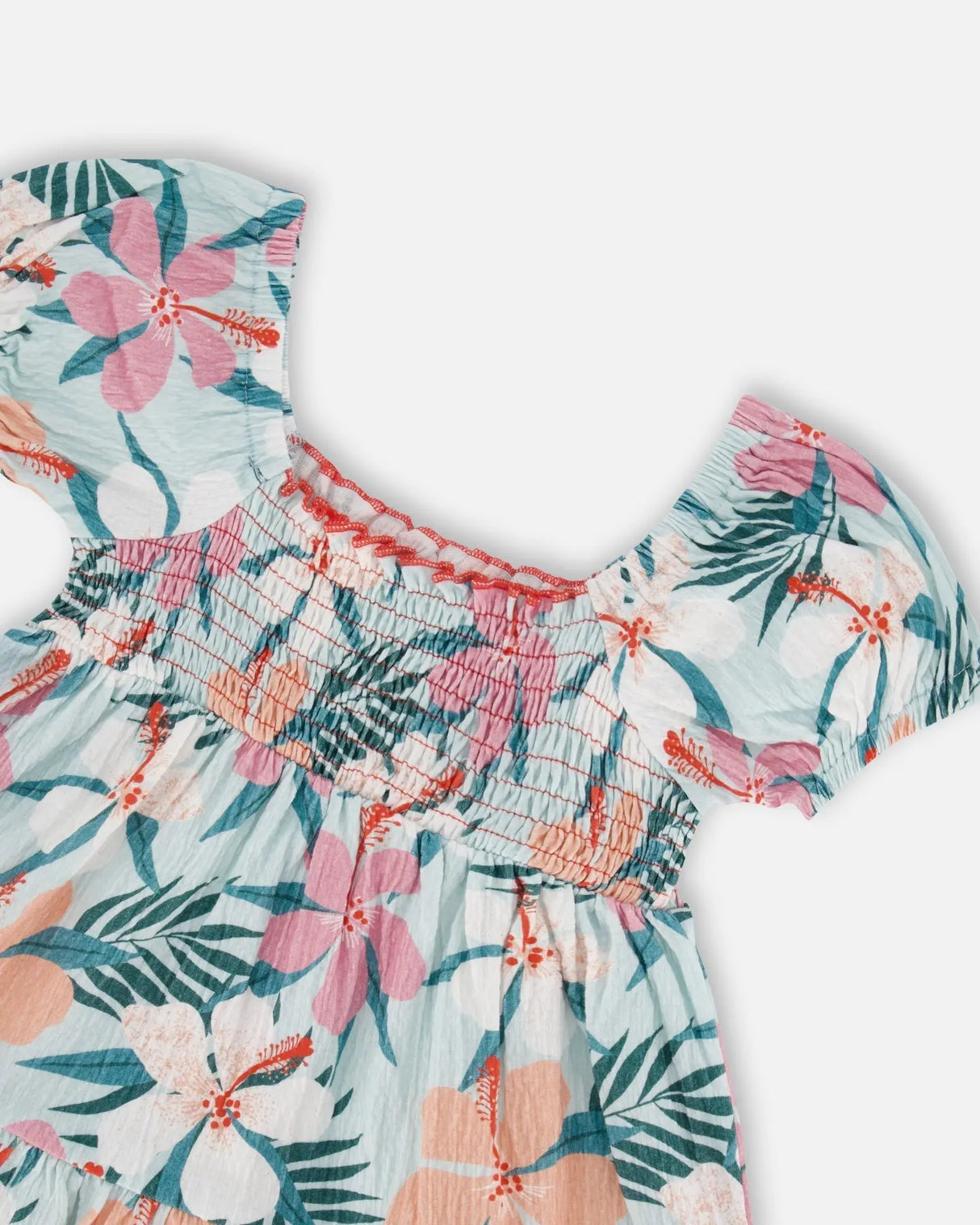 Smocked Crinkle Dress Blue Printed Beach Hibiscus | Deux par Deux | Jenni Kidz