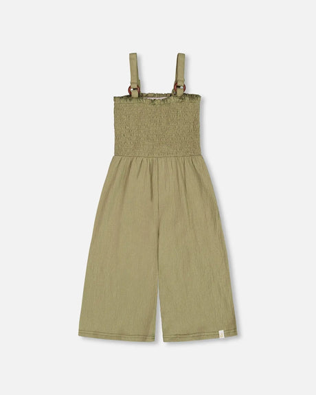 Smocked Crinkle Jersey Jumpsuit Olive Green | Deux par Deux | Jenni Kidz