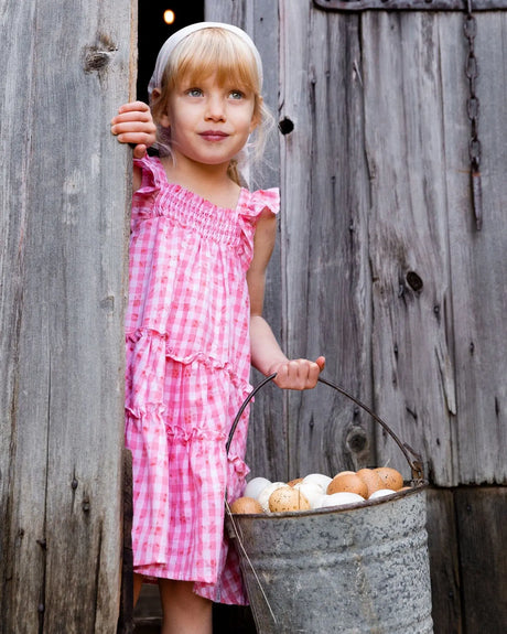 Smocked Layered Dress With Frill Sleeve Checked Pink | Deux par Deux | Jenni Kidz