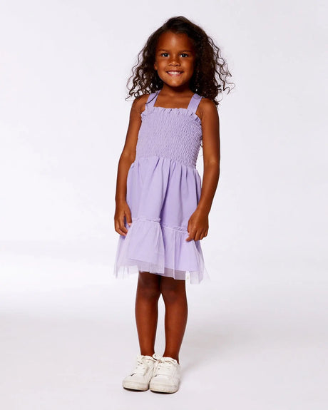 Smocked Organic Cotton Dress With Mesh Frill Lilac | Deux par Deux | Jenni Kidz