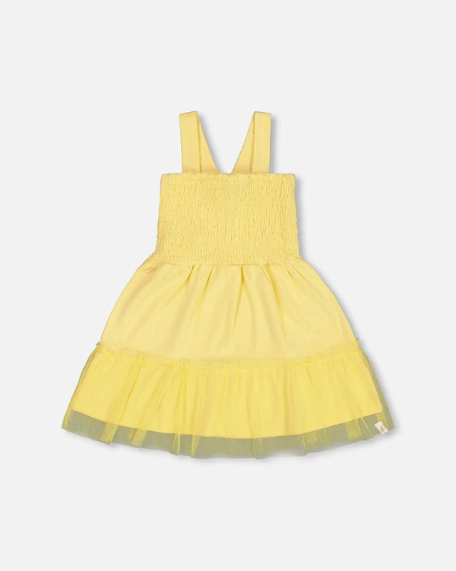 Smocked Organic Cotton Dress With Mesh Frill Yellow | Deux par Deux | Jenni Kidz