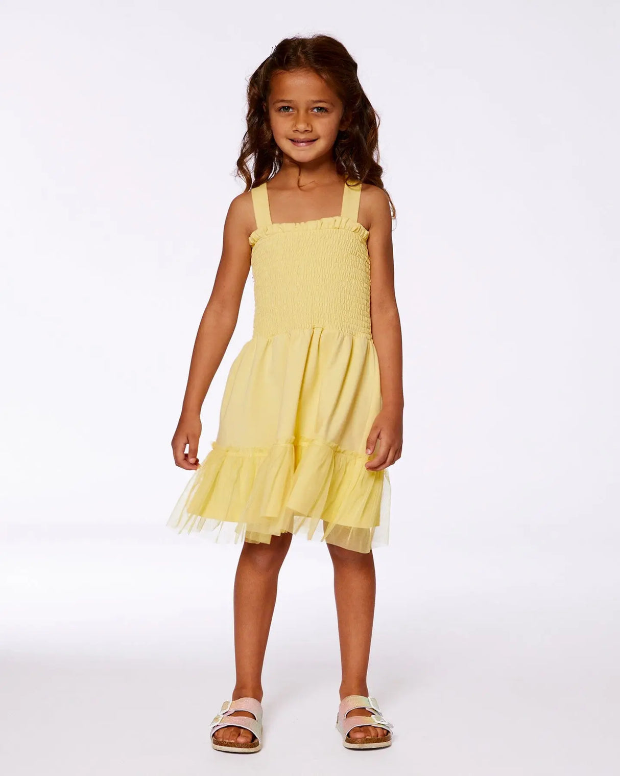 Smocked Organic Cotton Dress With Mesh Frill Yellow | Deux par Deux | Jenni Kidz