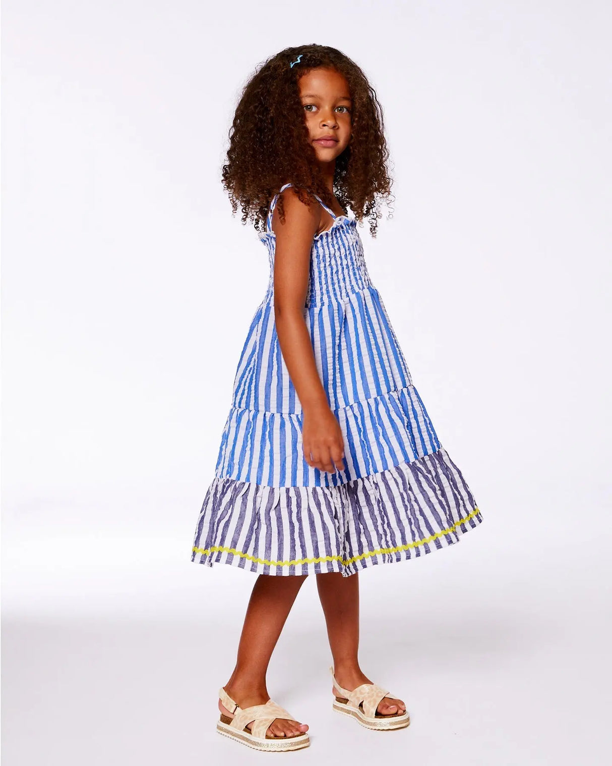 Smocked Seersucker Peasant Dress Blue And White Striped | Deux par Deux | Jenni Kidz