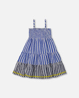 Smocked Seersucker Peasant Dress Blue And White Striped | Deux par Deux | Jenni Kidz