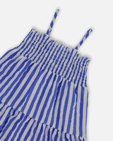 Smocked Seersucker Peasant Dress Blue And White Striped | Deux par Deux | Jenni Kidz