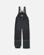 Flat lay of boys Solid Black snow bib overall with reinforced knees.
