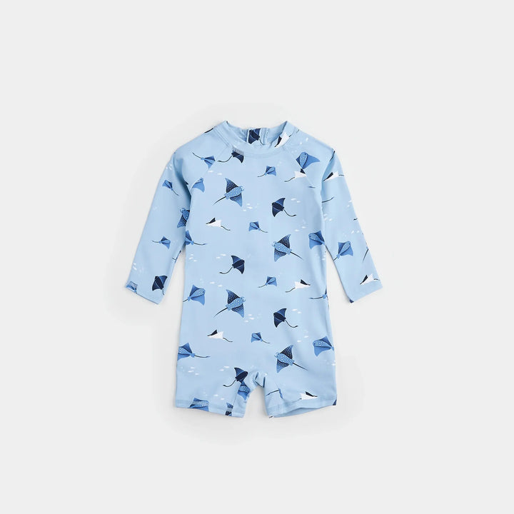 Stingray Print On Sky Blue Long-Sleeve Swim Romper | Petit Lem