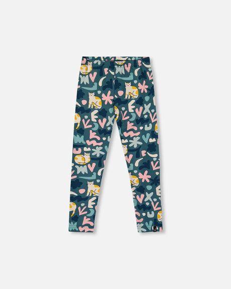 Stretch Jersey Leggings Green Cat Print | Deux par Deux | Jenni Kidz