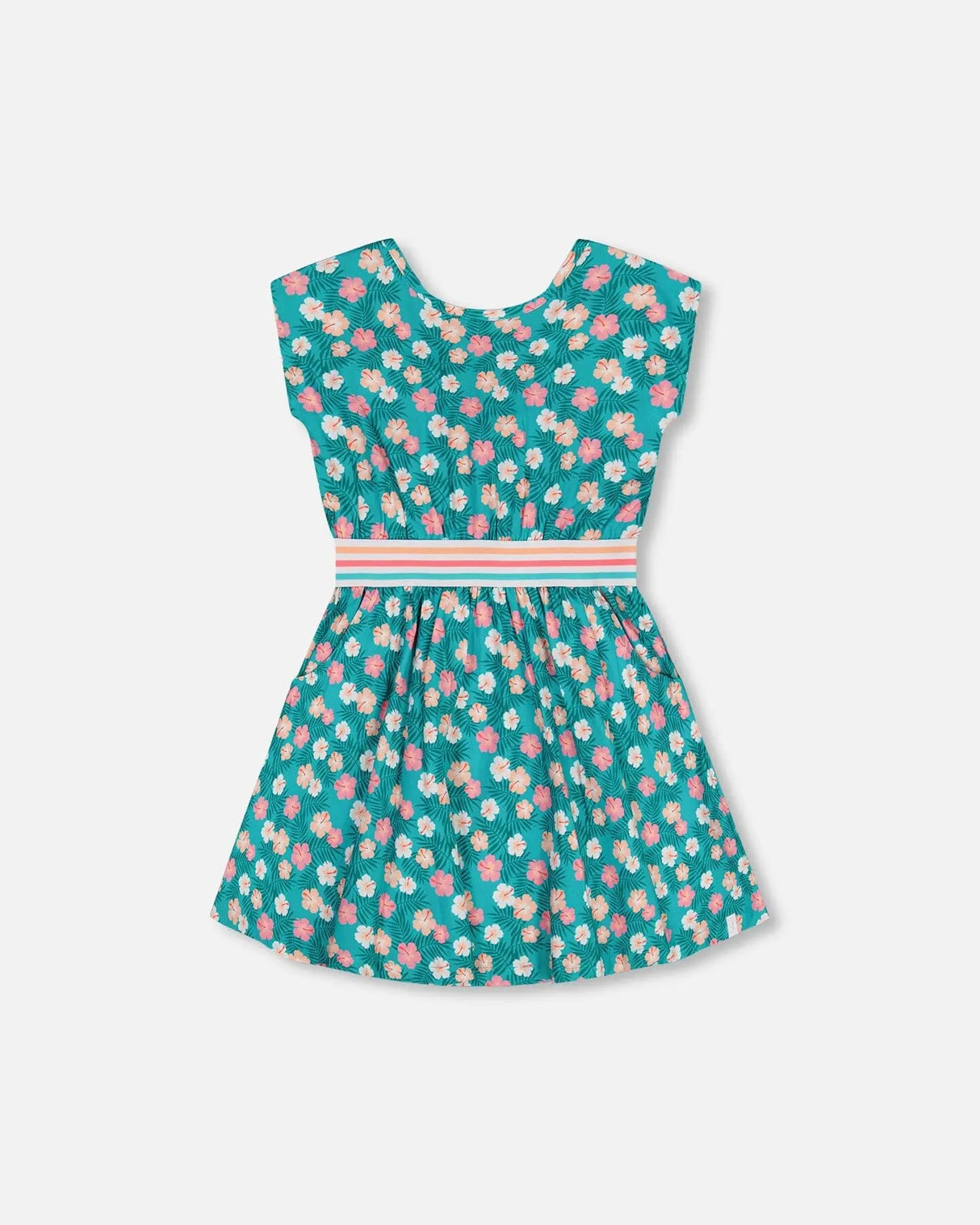 Striped Elastic Waist Viscose Dress Turquoise Printed | Deux par Deux | Jenni Kidz