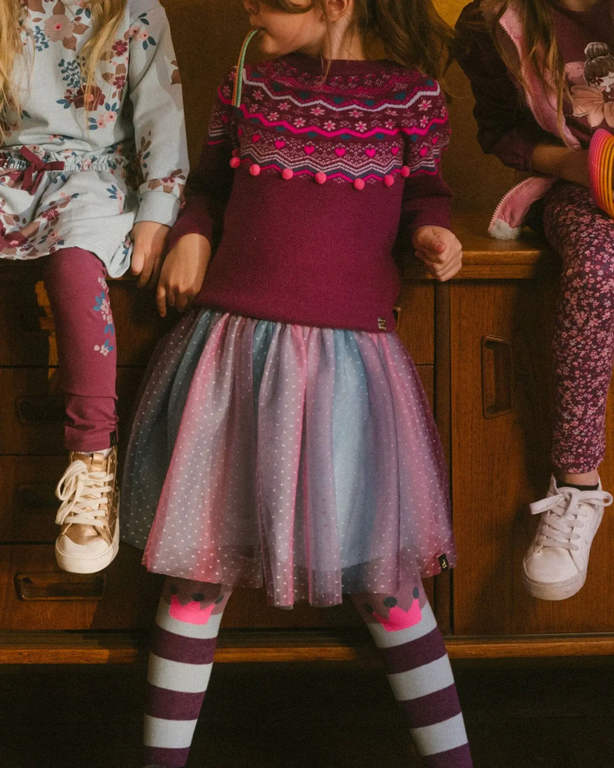 Striped Tights With Crown Knees Mauve | Deux par Deux | Jenni Kidz