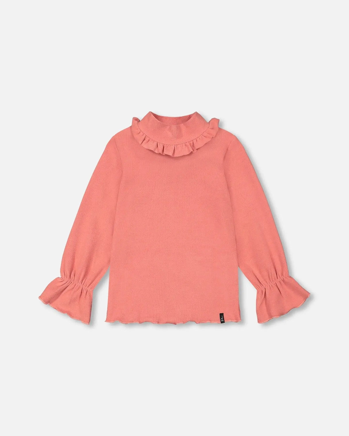 Super Soft Brushed Rib Mock Neck Top With Frills Salmon Pink | Deux par Deux | Jenni Kidz