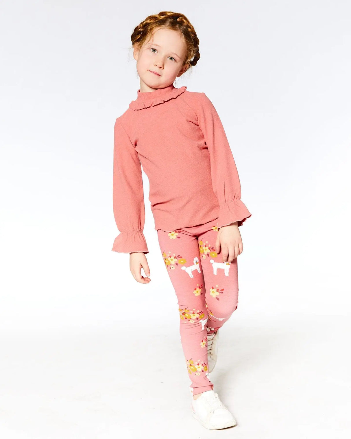 Super Soft Brushed Rib Mock Neck Top With Frills Salmon Pink | Deux par Deux | Jenni Kidz