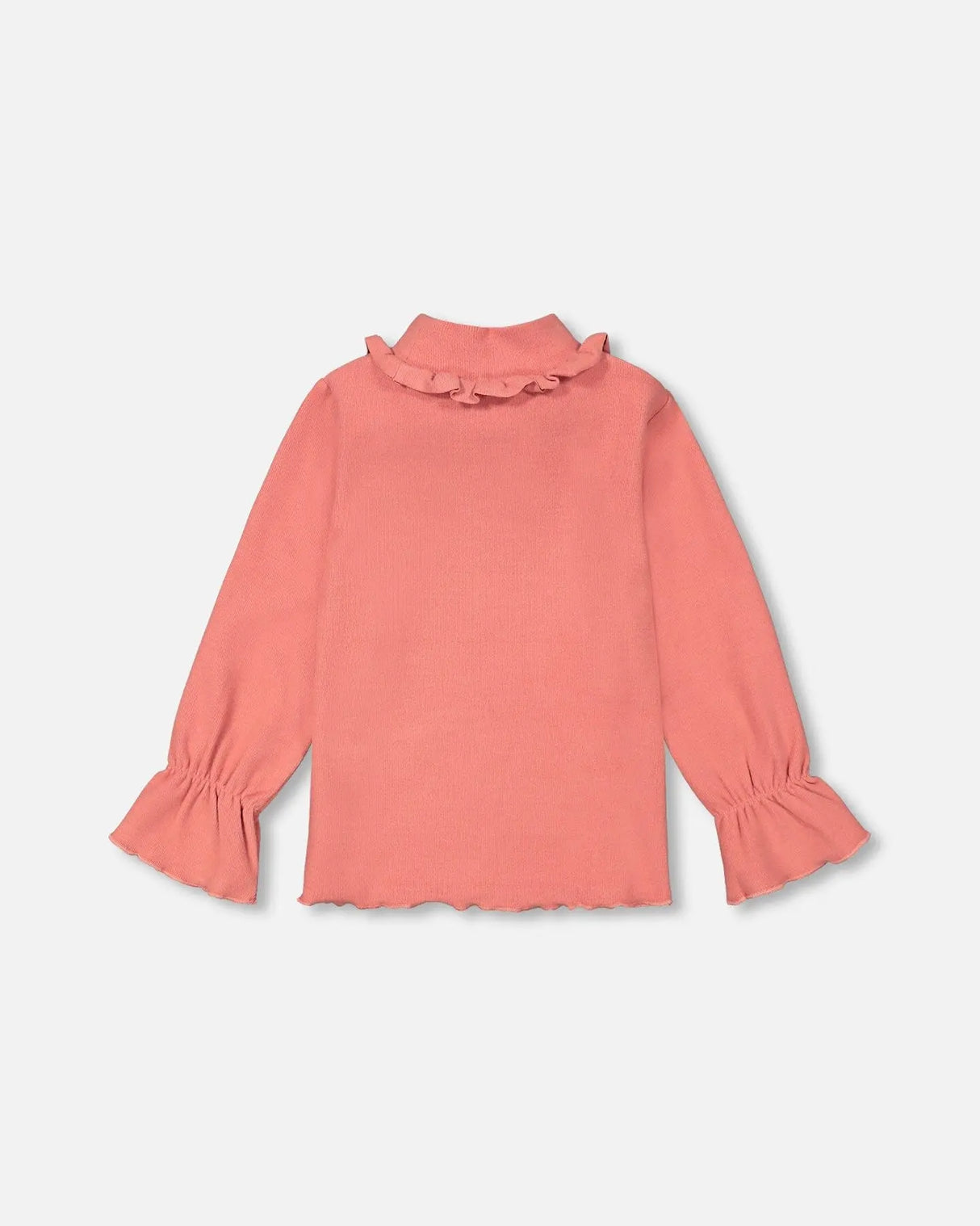 Super Soft Brushed Rib Mock Neck Top With Frills Salmon Pink | Deux par Deux | Jenni Kidz