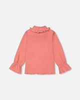 Super Soft Brushed Rib Mock Neck Top With Frills Salmon Pink | Deux par Deux | Jenni Kidz