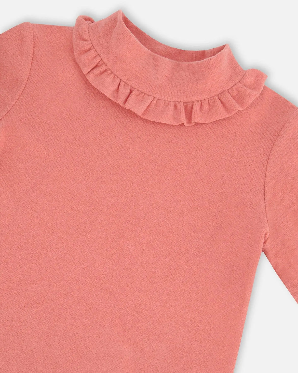 Super Soft Brushed Rib Mock Neck Top With Frills Salmon Pink | Deux par Deux | Jenni Kidz