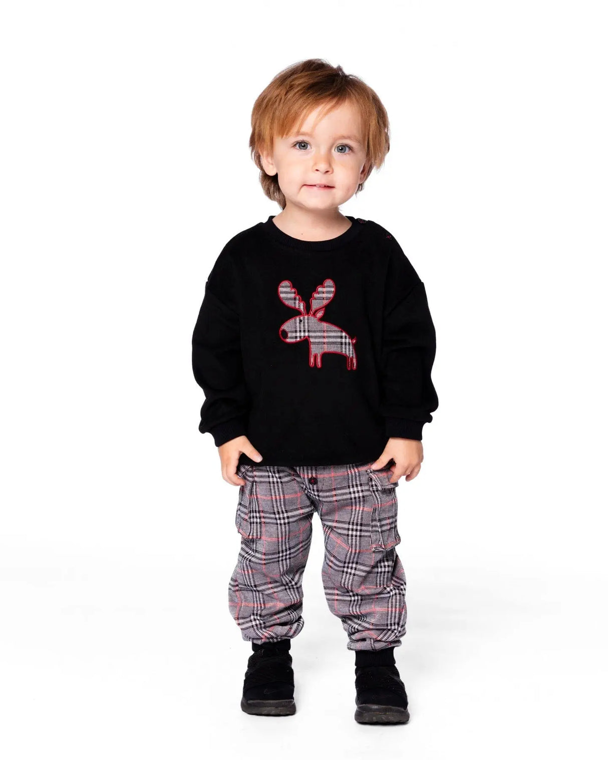 Sweater And Cargo Pants Set Black With Moose Applique | Deux par Deux | Jenni Kidz
