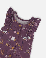 T-Shirt With Brushed Overall Set Mauve Printed Cats | Deux par Deux | Jenni Kidz