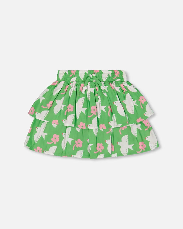 Tiered Elastic Waist Skirt Green With White And Pink Bird | Deux par Deux | Jenni Kidz