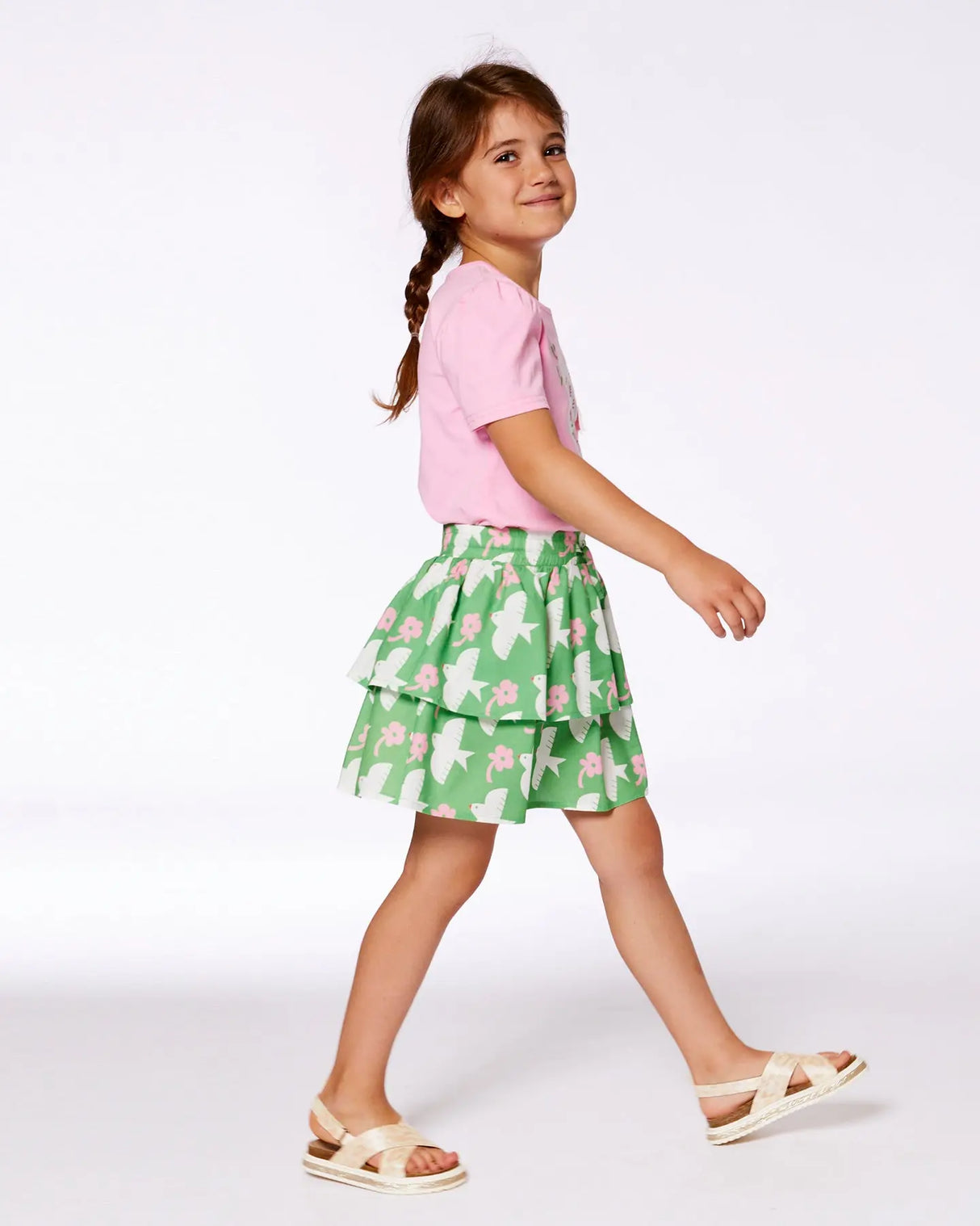 Tiered Elastic Waist Skirt Green With White And Pink Bird | Deux par Deux | Jenni Kidz