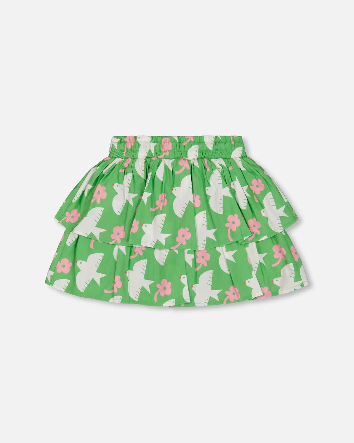 Tiered Elastic Waist Skirt Green With White And Pink Bird | Deux par Deux | Jenni Kidz