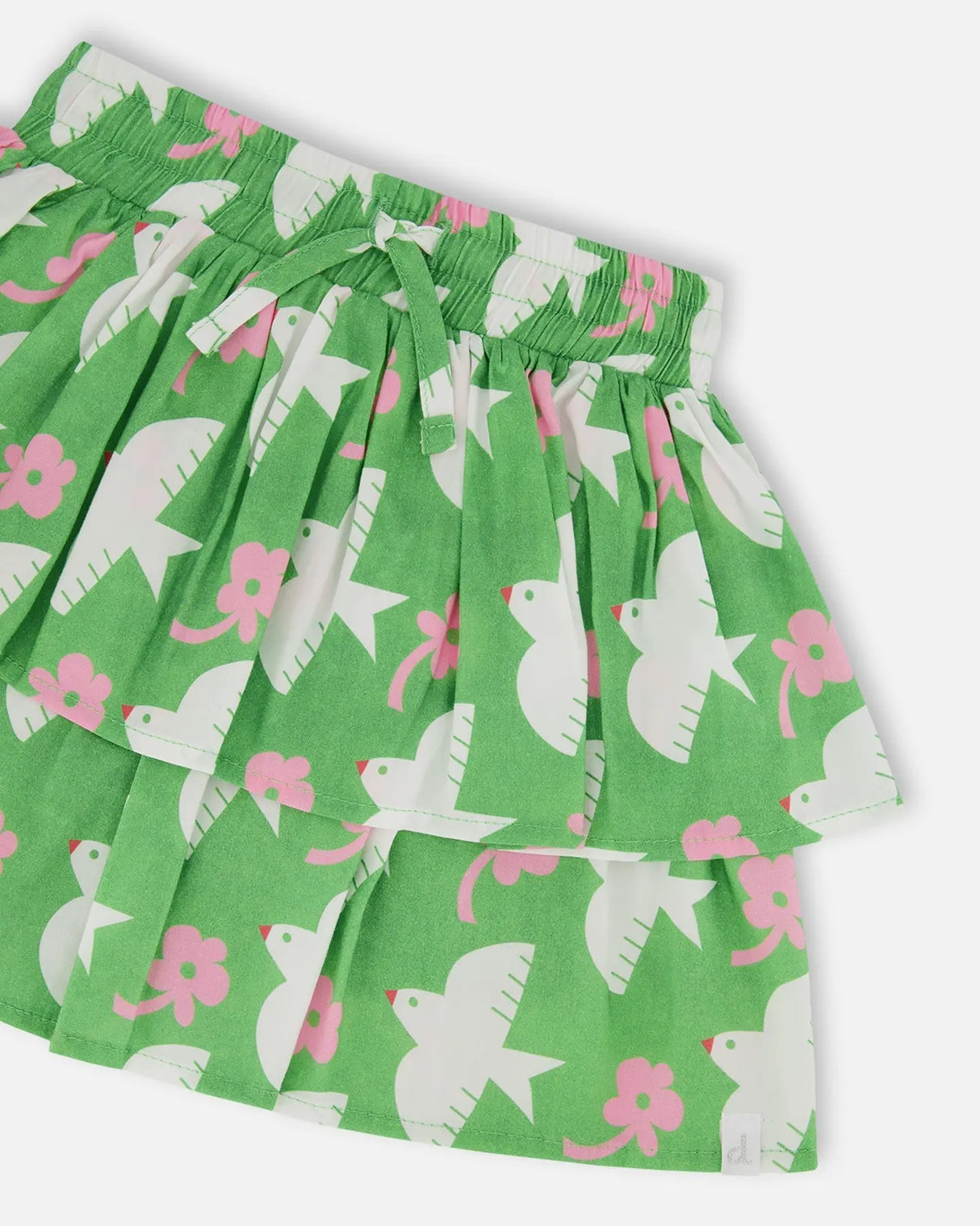 Tiered Elastic Waist Skirt Green With White And Pink Bird | Deux par Deux | Jenni Kidz