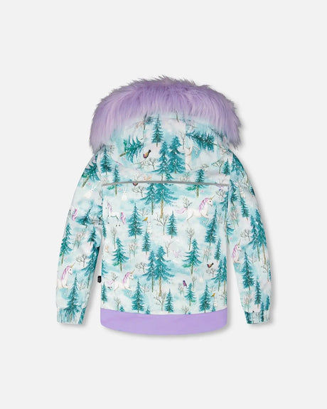Back of Deux Par Deux Discover jacket in lavender with detachable faux-fur hood and grow sleeves