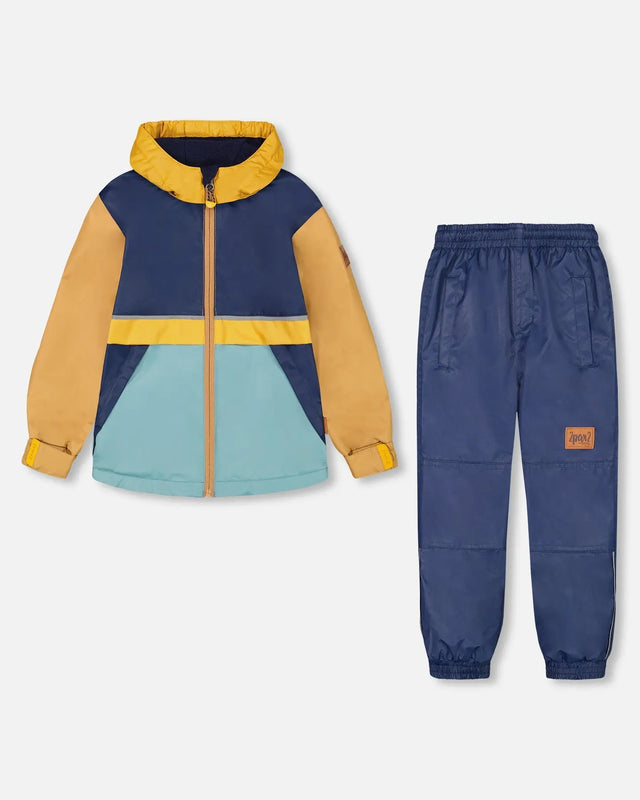 Two Piece Hooded Coat And Pant Mid-Season Set Colorblock Navy, Blue And Yellow | Deux par Deux | Jenni Kidz