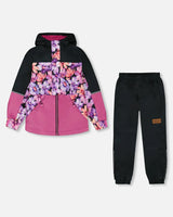 Two-Piece Mid-Season Outerwear Set Black With Pink And Orange Flowers | Deux par Deux | Jenni Kidz