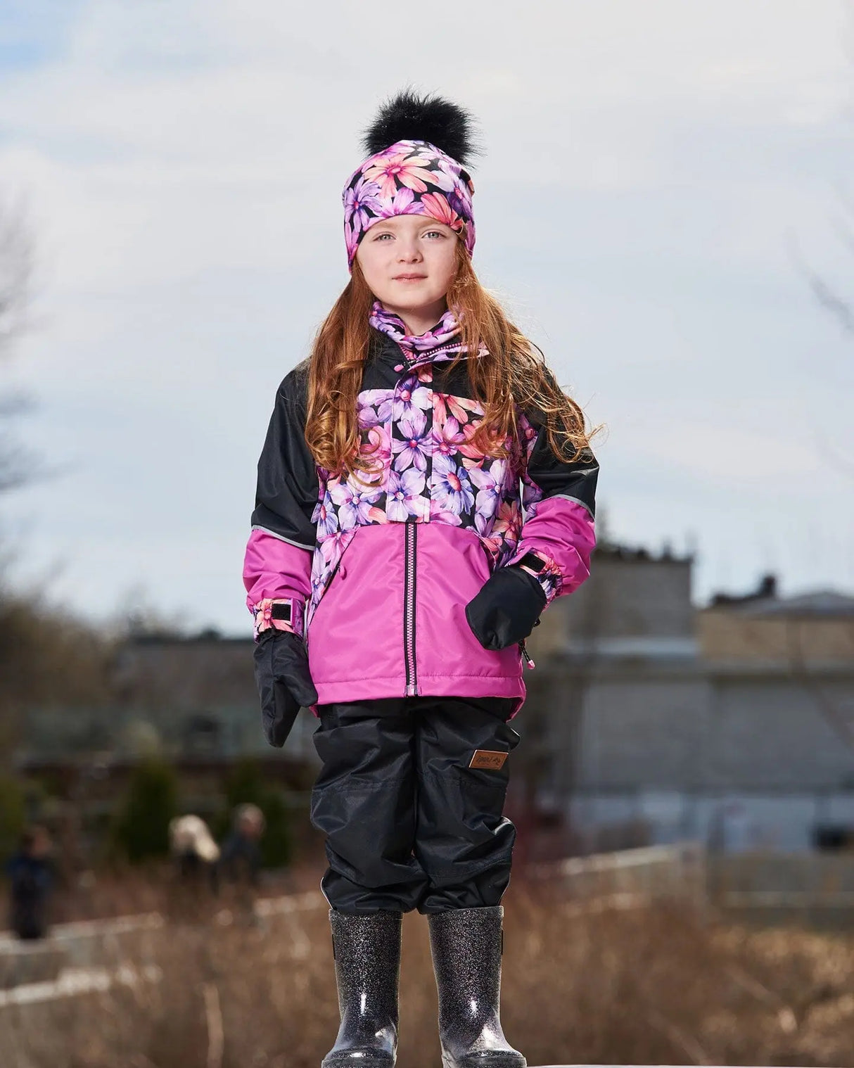 Two-Piece Mid-Season Outerwear Set Black With Pink And Orange Flowers | Deux par Deux | Jenni Kidz