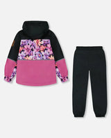 Two-Piece Mid-Season Outerwear Set Black With Pink And Orange Flowers | Deux par Deux | Jenni Kidz