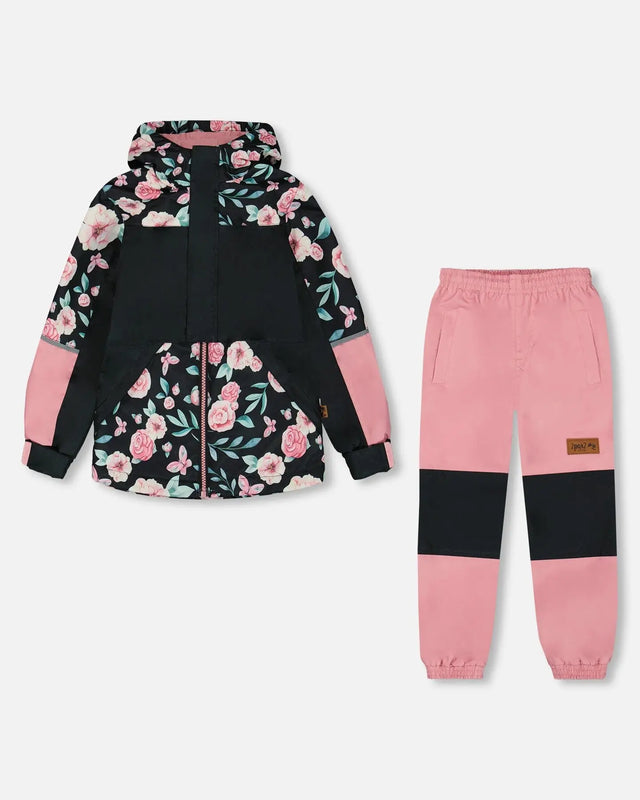 Two-Piece Mid-Season Outerwear Set Pink, Black, And Flowers | Deux par Deux | Jenni Kidz