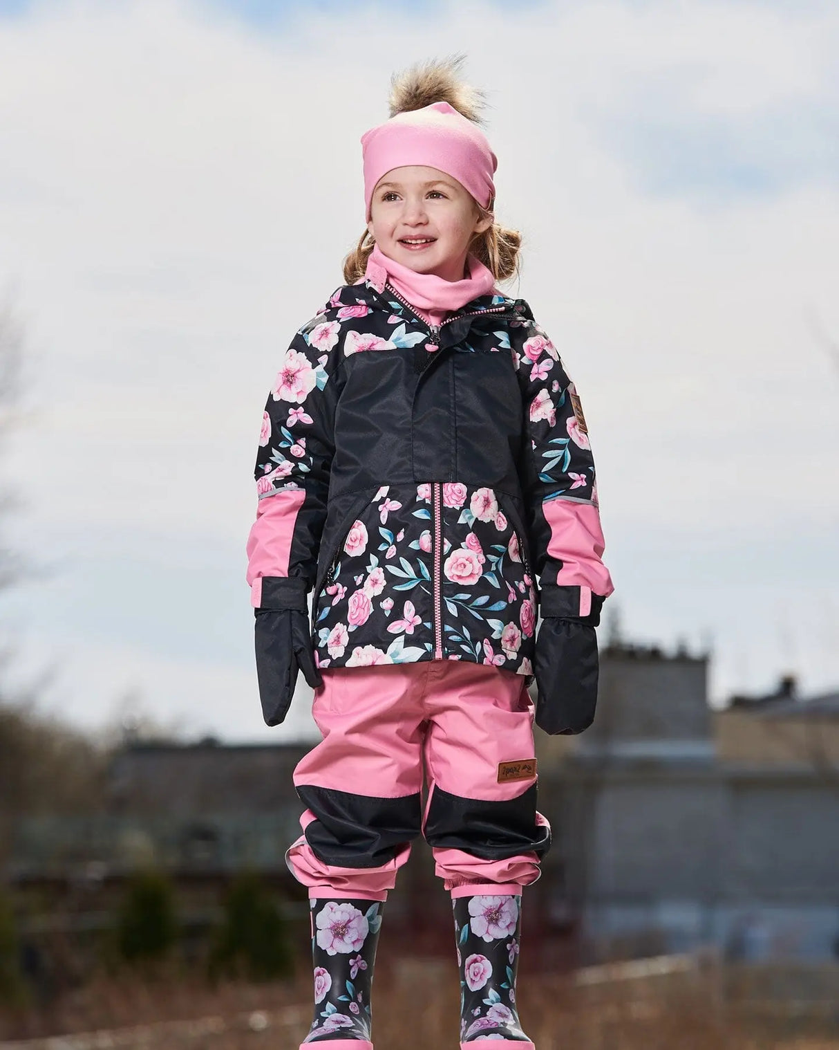 Two-Piece Mid-Season Outerwear Set Pink, Black, And Flowers | Deux par Deux | Jenni Kidz