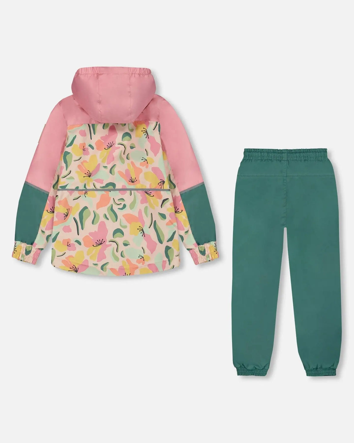 Two-Piece Mid-Season Outerwear Set Sage, Pink, And Flowers On Beige | Deux par Deux | Jenni Kidz