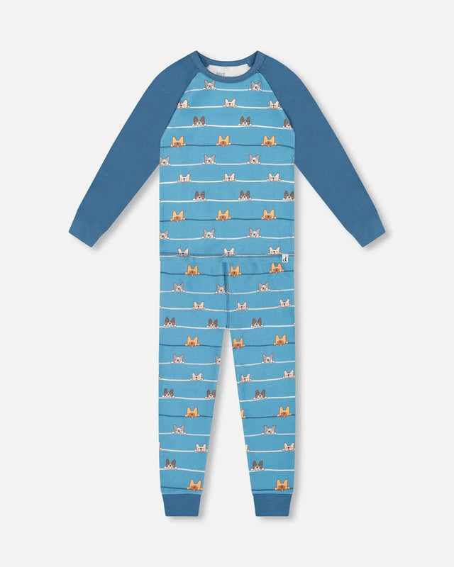 Two-Piece Organic Cotton Pajama Set Blue Dog Print | Deux par Deux | Jenni Kidz