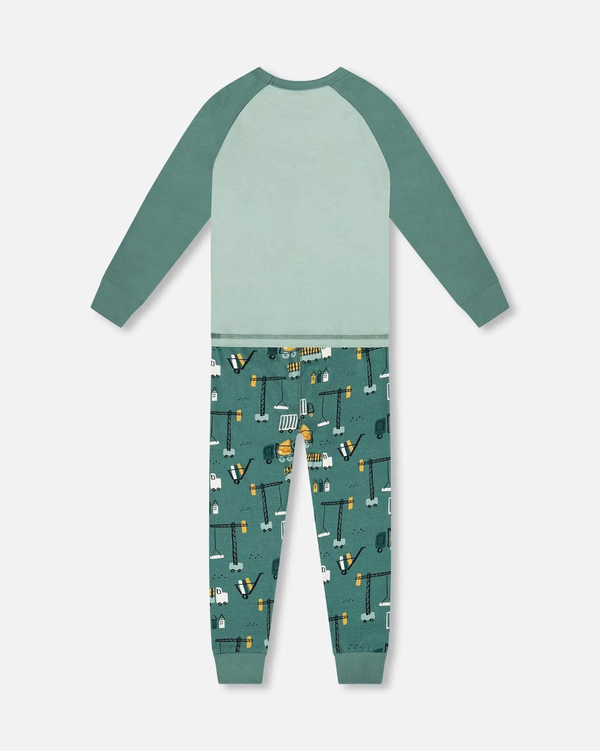 Two-Piece Organic Cotton Pajama Set Teal Construction Print | Deux par Deux | Jenni Kidz