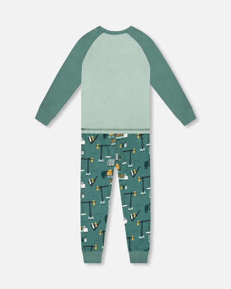 Two-Piece Organic Cotton Pajama Set Teal Construction Print | Deux par Deux | Jenni Kidz