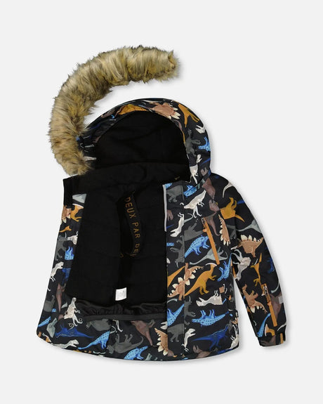 Deux Par Deux Play jacket dinosaur print back view with detachable hood, wind protection
